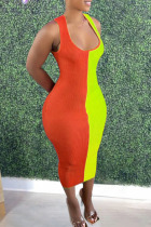 Tangerine Casual Print Patchwork U Neck Pencil Skirt Dresses