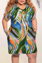 Green Casual Print Patchwork Pocket V Neck Straight Plus Size Dresses