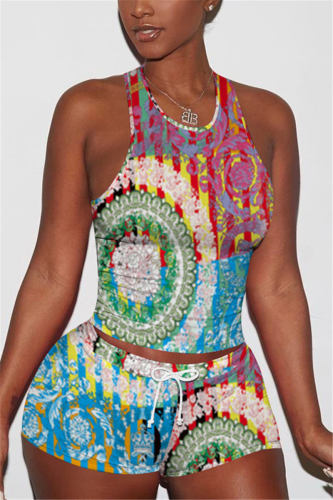 Multicolor Fashion Print Vest Shorts Sports Set