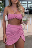 Pink Sexy Solid Patchwork Frenulum Asymmetrical Strapless Sleeveless Two Pieces