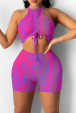 Purple Sexy Print Patchwork O Neck Sleeveless Two Pieces