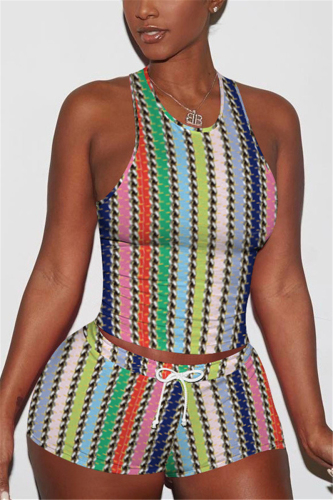 Stripe Fashion Print Vest Shorts Sports Set