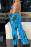 Blue Fashion Sexy Print Backless Spaghetti Strap Regular Jumpsuits