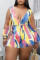 Pink Fashion Casual Print Hollowed Out V Neck Plus Size Romper