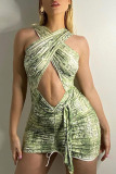 Green Sexy Print Bandage Hollowed Out Patchwork Draw String Fold Halter Pencil Skirt Dresses