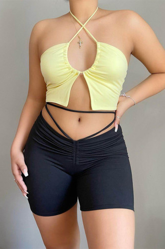 Black Casual Sportswear Solid Bandage Skinny Mid Waist Shorts