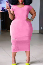 Pink Casual Ripped Patchwork O Neck Straight Plus Size Dresses