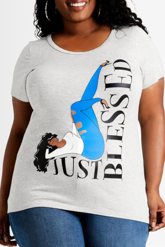 Gray Blue Fashion Casual Print Basic O Neck Plus Size Tops