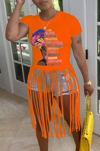 Tangerine Red Sexy Print Tassel O Neck T-Shirts
