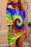 Dark Blue Women O neck Step Skirt Mini Rainbow Paisley T-shirt Midi Dresses