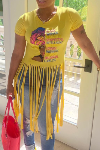 Yellow Sexy Print Tassel O Neck T-Shirts