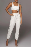 White Fashion Casual Solid Vests Pants U Neck Sleeveless Two Pieces