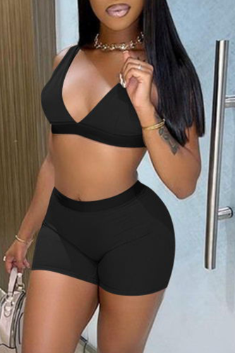Black Sexy Solid Patchwork V Neck Sleeveless Two Pieces