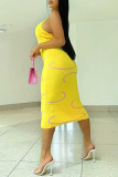 Yellow Fashion Sexy Print Backless Halter Sleeveless Dress