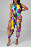 Colour Sexy Print Hollowed Out Halter Skinny Jumpsuits