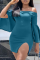 Navy Blue Fashion Sexy adult Off The Shoulder Long Sleeves One word collar Pencil Dress Mini split S