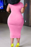 Pink Casual Ripped Patchwork O Neck Straight Plus Size Dresses