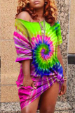 Green Women O neck Step Skirt Mini Rainbow Paisley T-shirt Midi Dresses