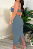 Light Blue Sexy Solid Hollowed Out Patchwork Spaghetti Strap Pencil Skirt Dresses