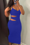 Blue Sexy Solid Hollowed Out Patchwork Spaghetti Strap Pencil Skirt Dresses