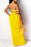 Yellow Sexy Solid Hollowed Out Halter Irregular Dress Dresses