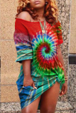 Blue Women O neck Step Skirt Mini Rainbow Paisley T-shirt Midi Dresses