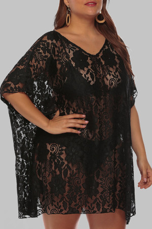 Black Sexy Solid See-through V Neck Plus Size Swimwear Beach Dress Blouse