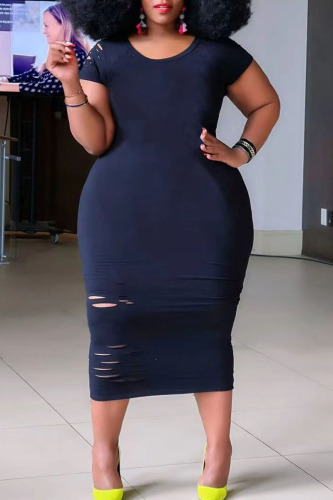 Black Casual Ripped Patchwork O Neck Straight Plus Size Dresses