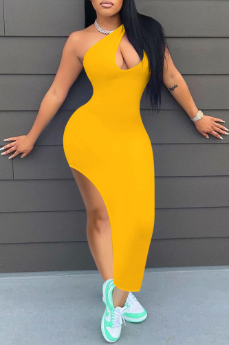 Yellow Fashion Sexy Solid Hollowed Out Slit One Shoulder Sleeveless Dress Dresses