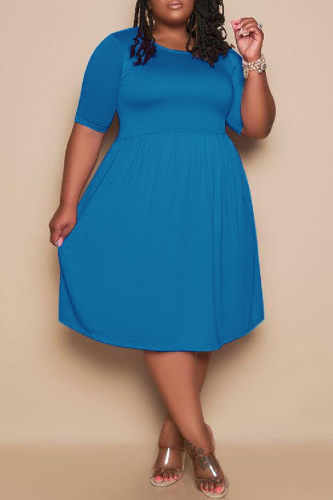 Blue Fashion Casual Plus Size Solid Basic O Neck Short Sleeve Dress (No Pocket)