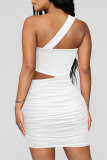 White Sexy Solid Hollowed Out Patchwork Fold Strapless Pencil Skirt Dresses