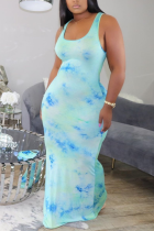 Light Blue Fashion Sexy Printed Sleeveless Dress