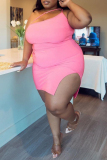 Pink Fashion Sexy Plus Size Solid Backless Slit One Shoulder Sleeveless Dress