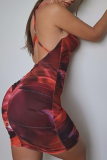 Red Sexy Print Hollowed Out Halter Pencil Skirt Dresses