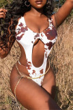 Brown Fashion Sexy Print Hollowed Out Swimwears (Without Waist Chain)