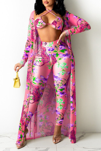 Pink Fashion Sexy Print Cardigan Swimwears Three-piece Set