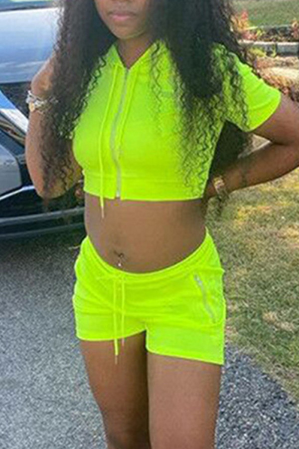 Fluorescent Green Fashion Casual Solid Basic Hooded Collar Short Sleeve Two Pieces