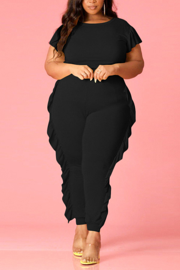 Black Fashion Casual Plus Size Trousers Set