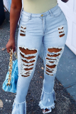 Baby Blue Casual Solid Ripped Mid Waist Boot Cut Denim Jeans