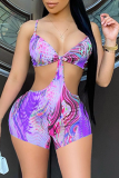 Purple Sexy Print Hollowed Out Spaghetti Strap Skinny Jumpsuits