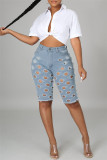 Baby Blue Fashion Sexy Solid Ripped High Waist Regular Jeans