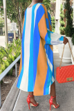 Blue Fashion Casual Striped Print Asymmetrical O Neck Long Sleeve Dresses