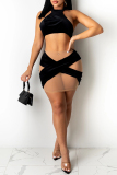 Black Sexy Patchwork See-through Backless O Neck Sleeveless Two Pieces