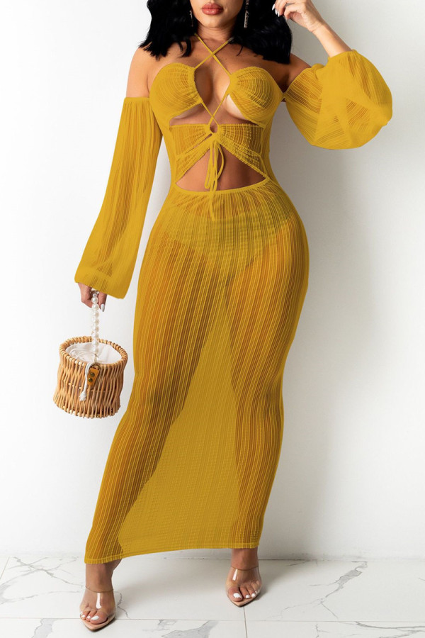 Yellow Sexy Solid Hollowed Out See-through Backless Strapless Long Dress