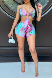 Sky Blue Sexy Print Hollowed Out Spaghetti Strap Skinny Jumpsuits