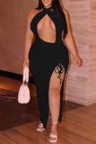 Black Sexy Solid Hollowed Out Halter Irregular Dress Plus Size Dresses