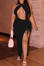 Black Sexy Solid Hollowed Out Halter Irregular Dress Plus Size Dresses