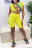 Yellow Fashion Casual Solid Basic O Neck Sleeveless Two Pieces