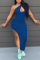 Deep Blue Fashion Sexy Solid Hollowed Out Slit One Shoulder Sleeveless Dress Dresses