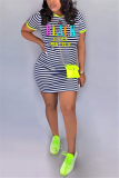 Green Fashion Striped Letter Printed Short Sleeve Dress